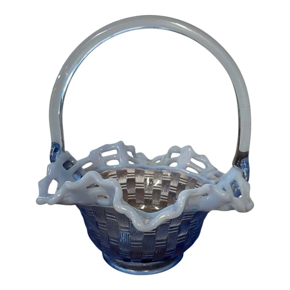 Vintage Blue Opalescent Glass Basket Ruffled Edge Woven Pattern Handle Decor